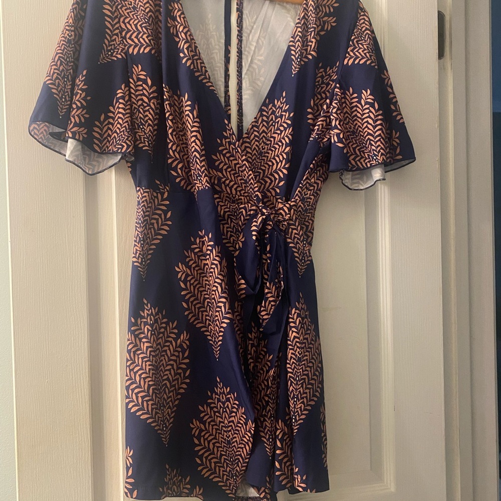 Navy and Orange Patterned Wrap Dress